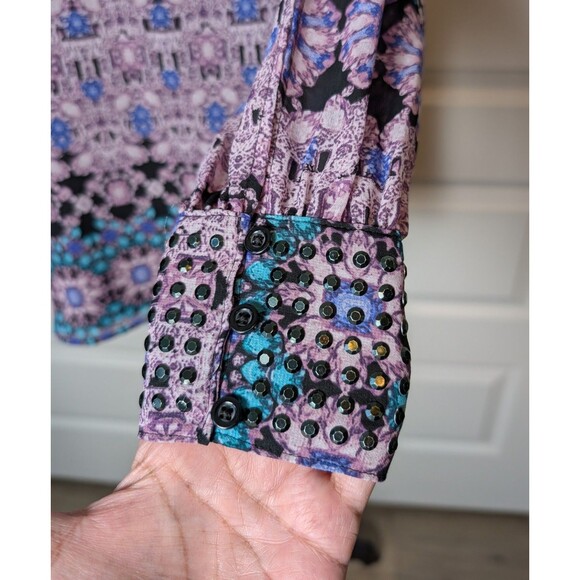 Jennifer Lopez Size M Blouse Geometric Slit Sleeves Jeweled Boho Chic Flowy - Picture 6 of 9